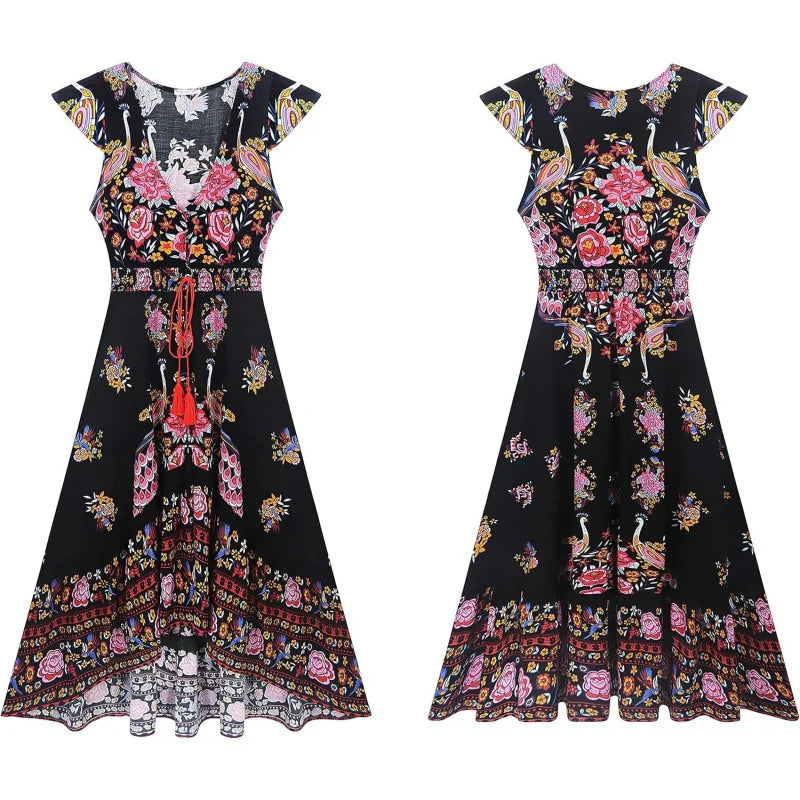 Women's Summer Vintage Floral Deep V Neck High Low Dress