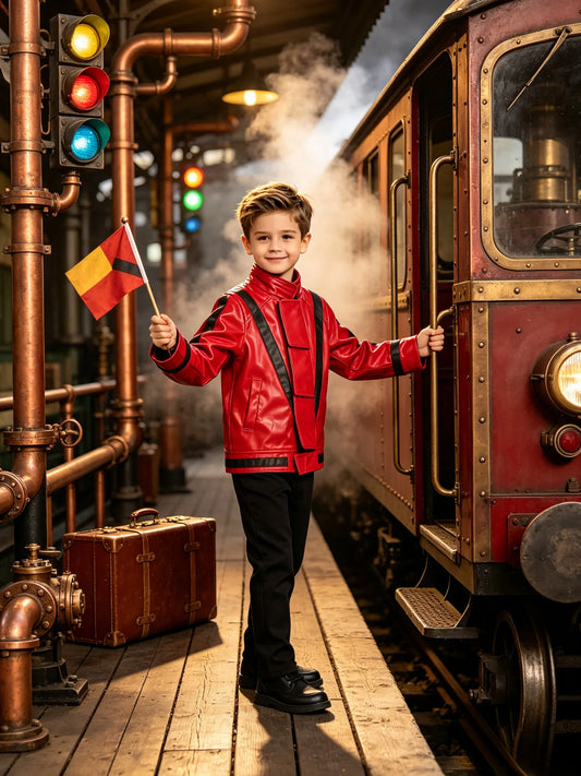 Boys color block zipper outerwear with decorative strap details, stylish performance costume for Halloween party and talent show role dressing