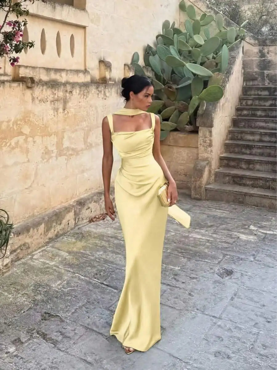 Elegant Satin Long Dress With Ribbon Strap For Women
