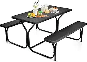 Picnic Table, Resin Dining Table & 2 Benches Set, Weather Resistant Wood Grain Tabletop & Steel Frame, Plastic Picnic Tables