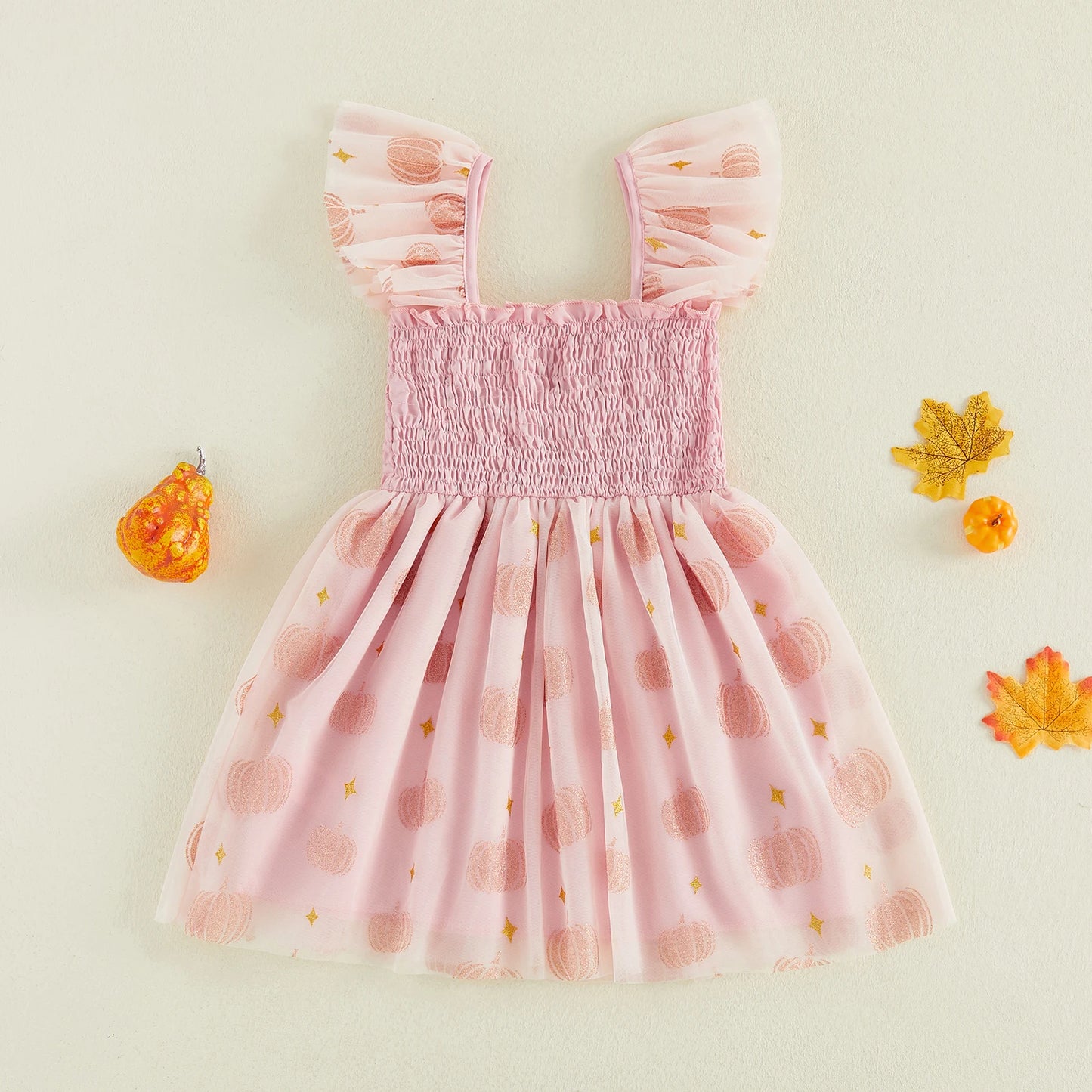 Toddler Halloween Dress With Tulle Flying Sleeves Bow Pumpkin Decor