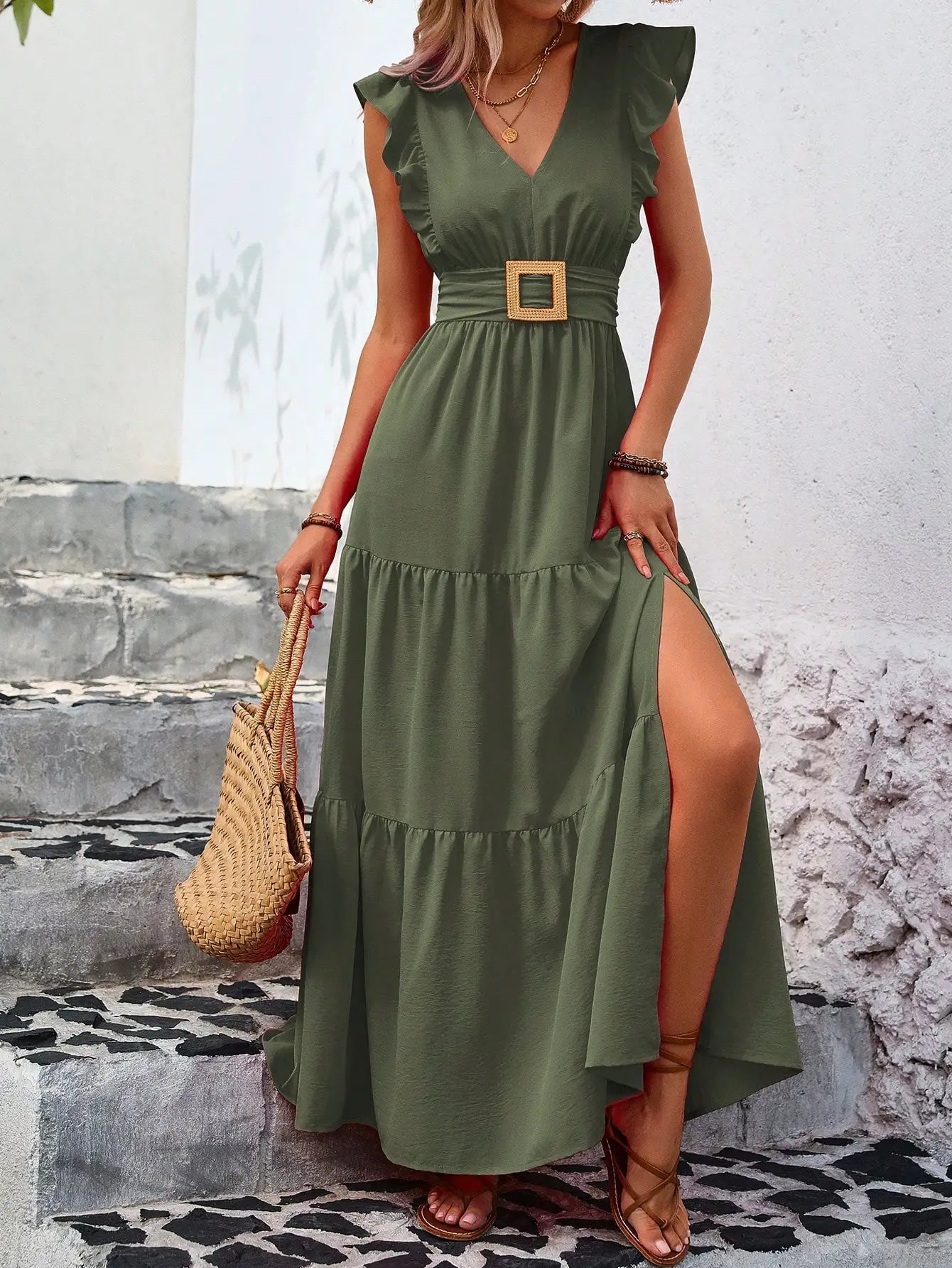 Ruffle Trim High Slit Maxi Dress For Summer Vacation Beach Outfit Women