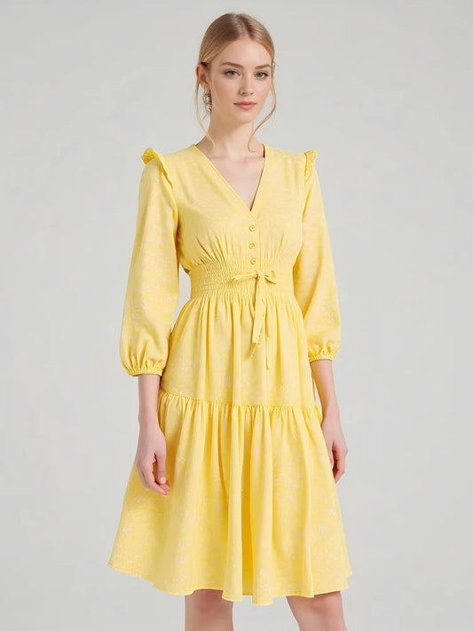 Romantic Style Women Summer V Neck Flutter Sleeve Drawstring Tiered Swing Midi Dress
