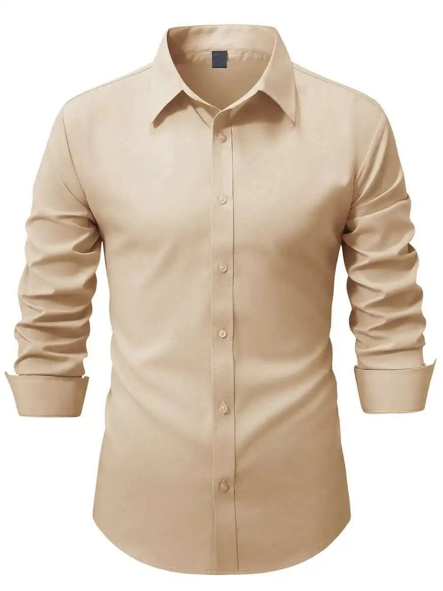 Mens Solid Color Long Sleeve Button Up Shirt Stand Collar