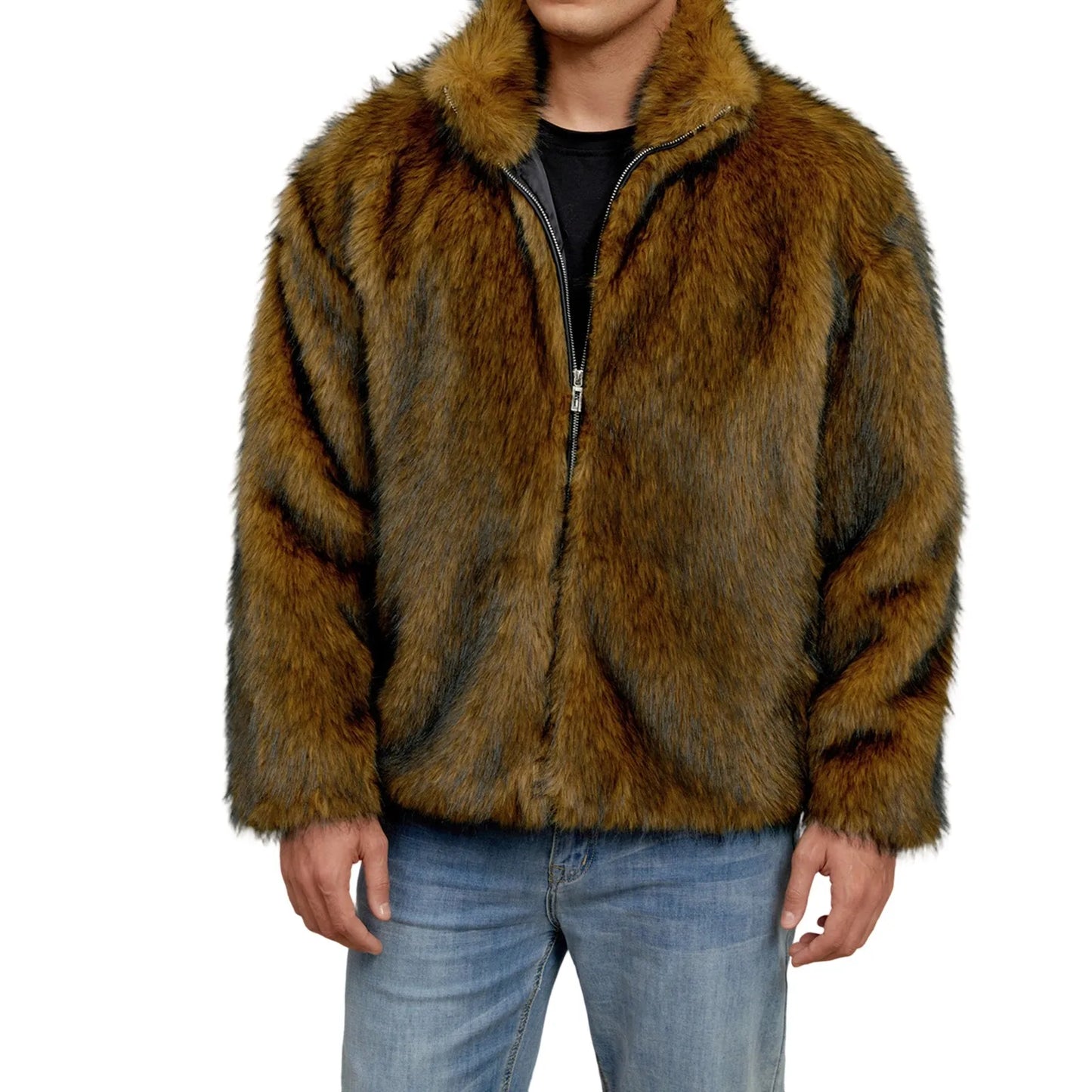 Men's Faux Fur Jacket Winter Warm Stand Collar Coat