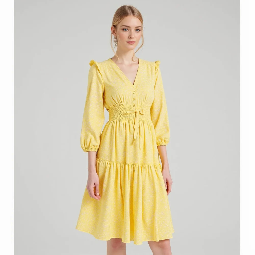 Romantic Style Women Summer V Neck Flutter Sleeve Drawstring Tiered Swing Midi Dress