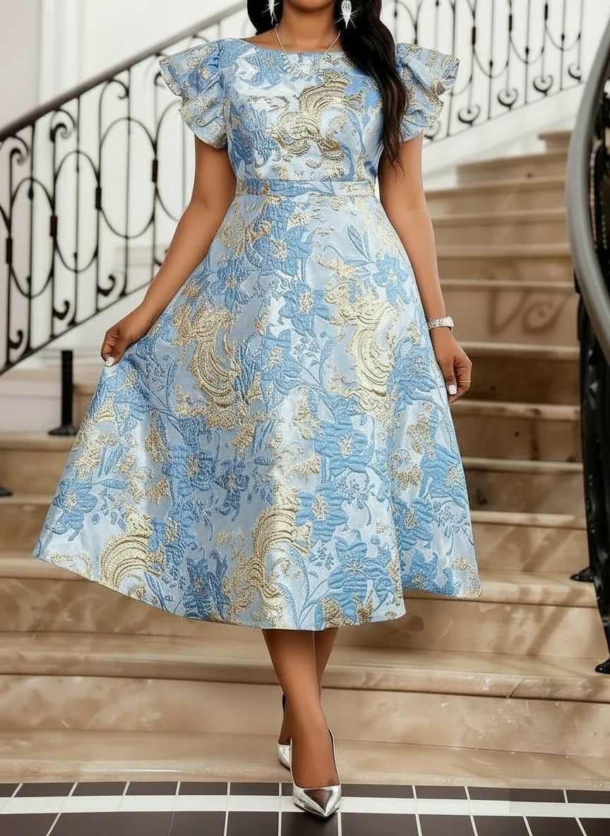 Plus Size Round Neck Ruffle Short Sleeve Printed Midi Flare Dress For Women Wedding Guest  Daily Elegant Party Occasions