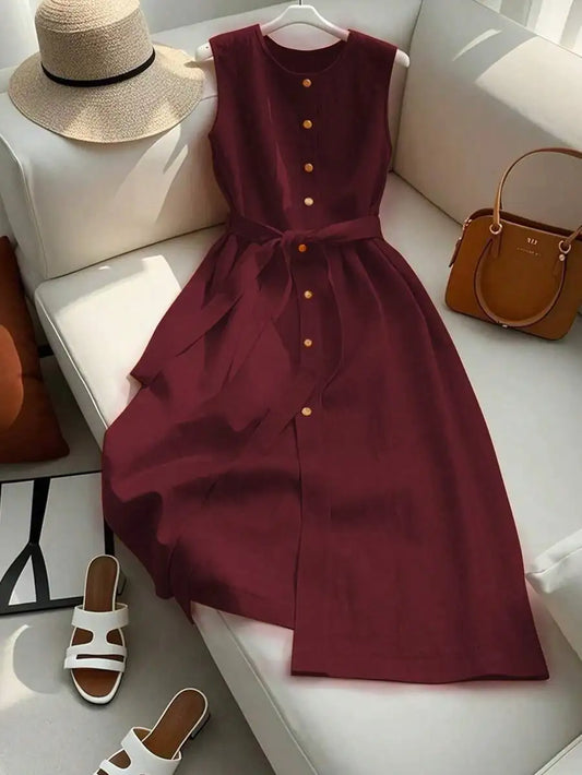 Sleeveless Single-Breasted Burgundy Casual Dress With Belt