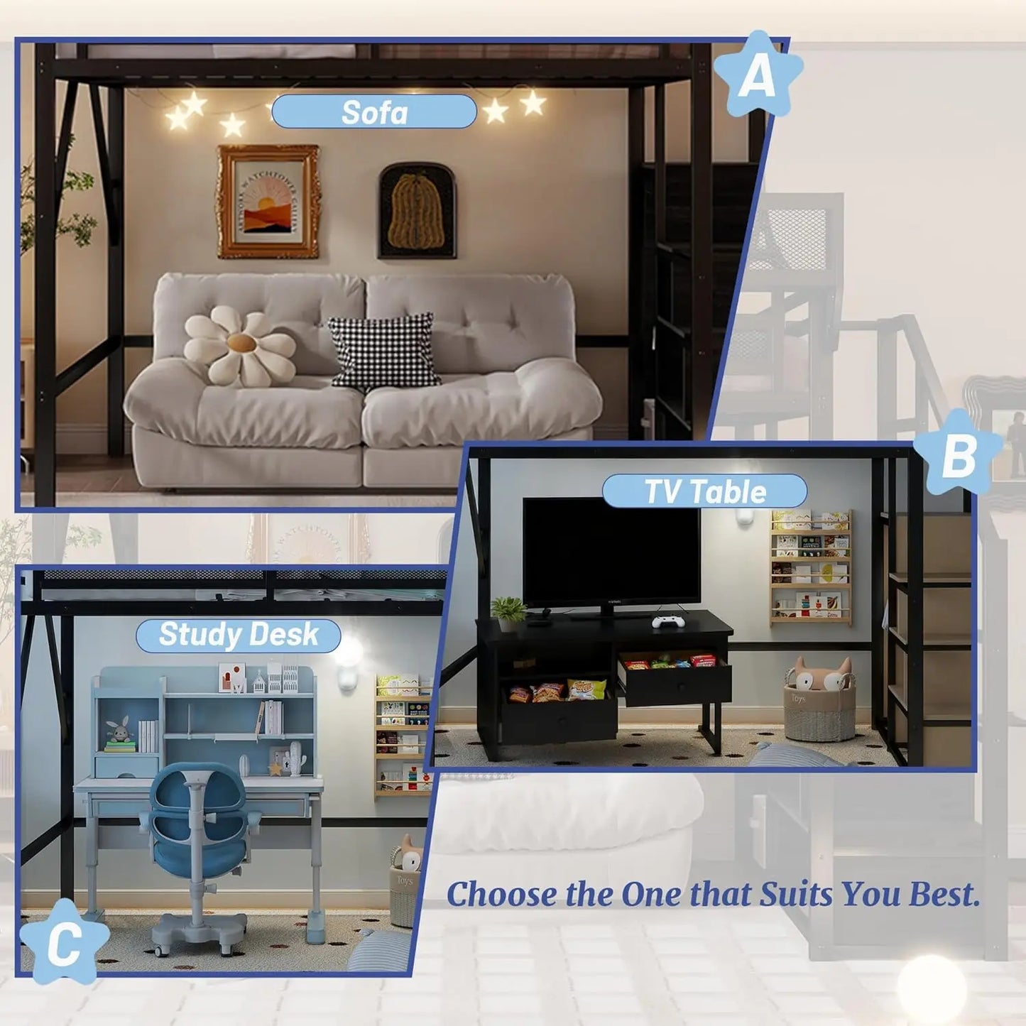Queen Size Loft Bed Frame for Adults, Metal Loft Bed with Stairs & Storage, Wardrobe, Bedside Shelf and Large, Customized