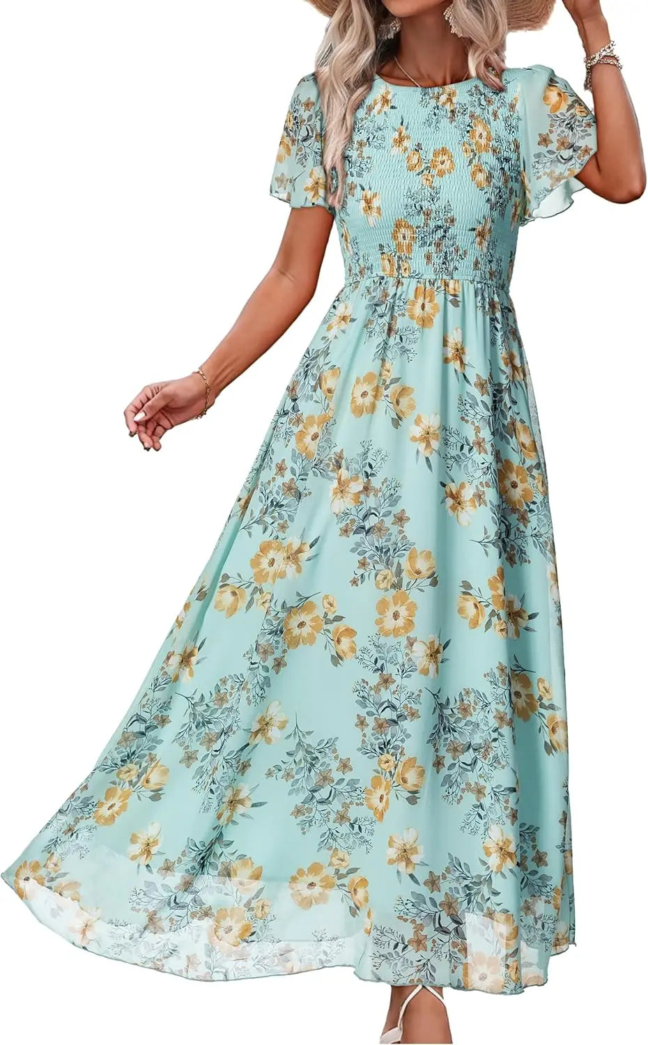 Floral Casual Summer Maxi Dress Chiffon With Smocked Short Sleeve