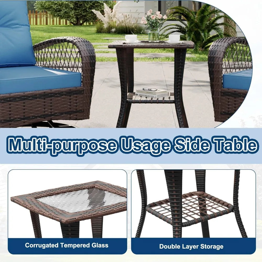 3 Piece Outdoor Swivel Chairs, Wicker Patio Bistro Set with Thickened Cushions and Side Table, Patio Swivel Rocking Chairs for P