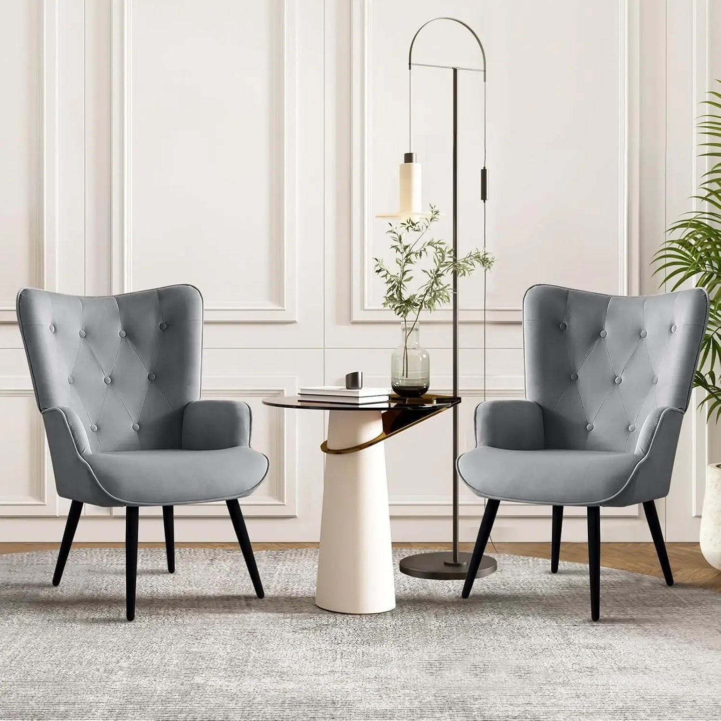 Set of 2 Mid Century Brown PU Leather Wingback Accent Chairs, High Backrest Reading Corner Armchair, Customized