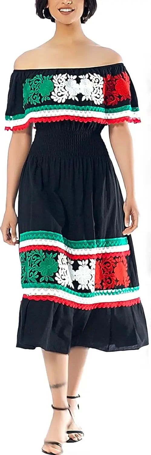 Women Cotton Off Shoulder Mexican Peasant Casual Dress