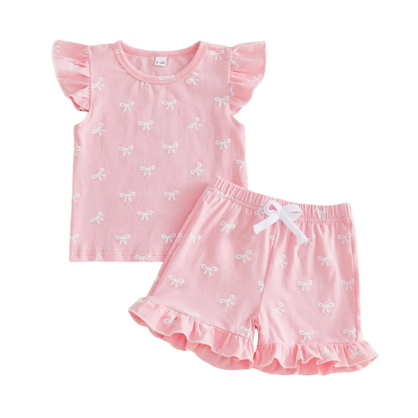 Adorable Infant Girl s Summer Ensemble with Bow Print Frilly Crew Neck Top and Matching Shorts - 2 Piece Set
