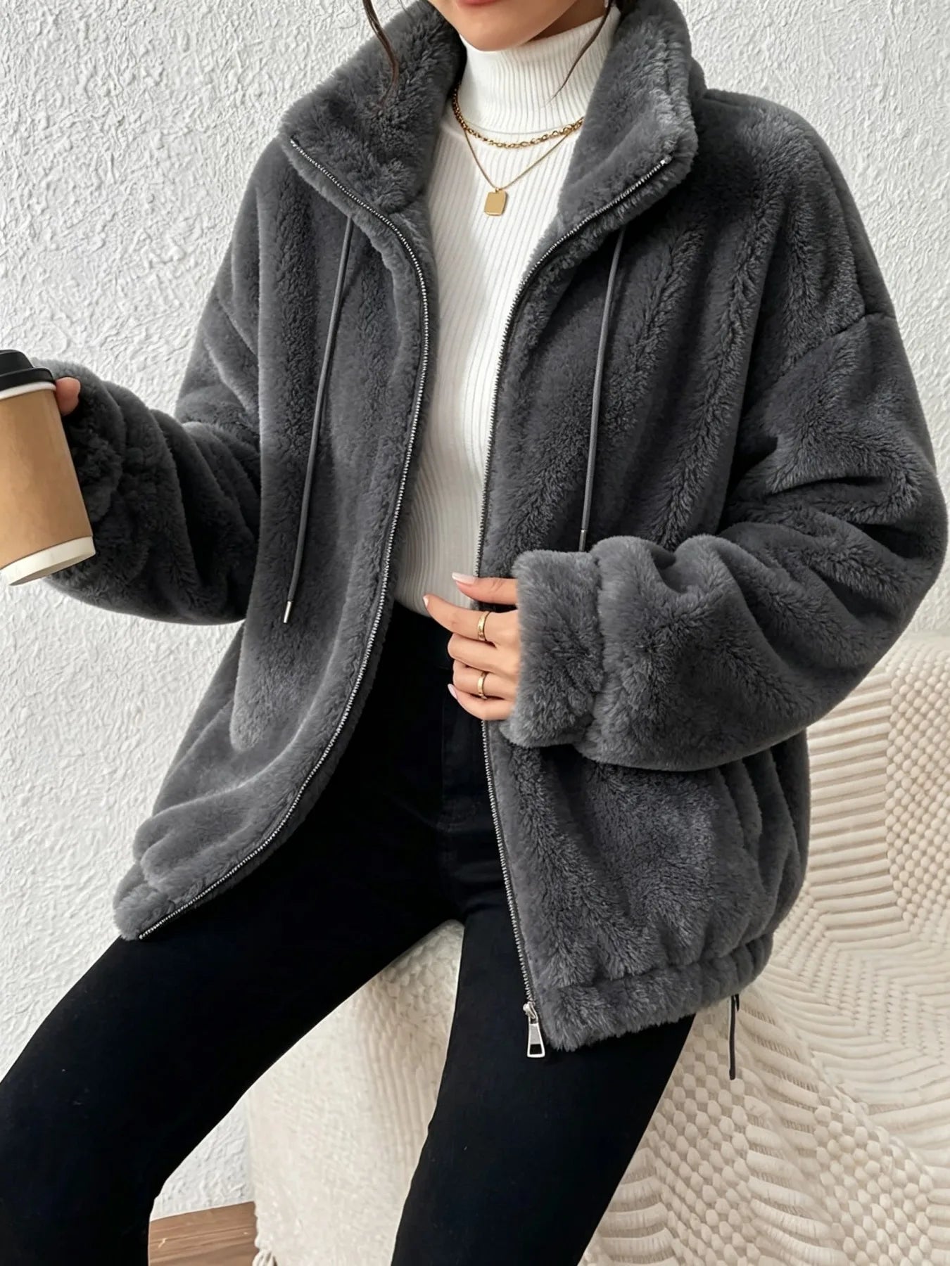 Women Fuzzy Fleece Zip Up Jacket Stand Collar Drawstring Loose Oversized Coat Warm Plush Winter Outerwear Casual Streetwear