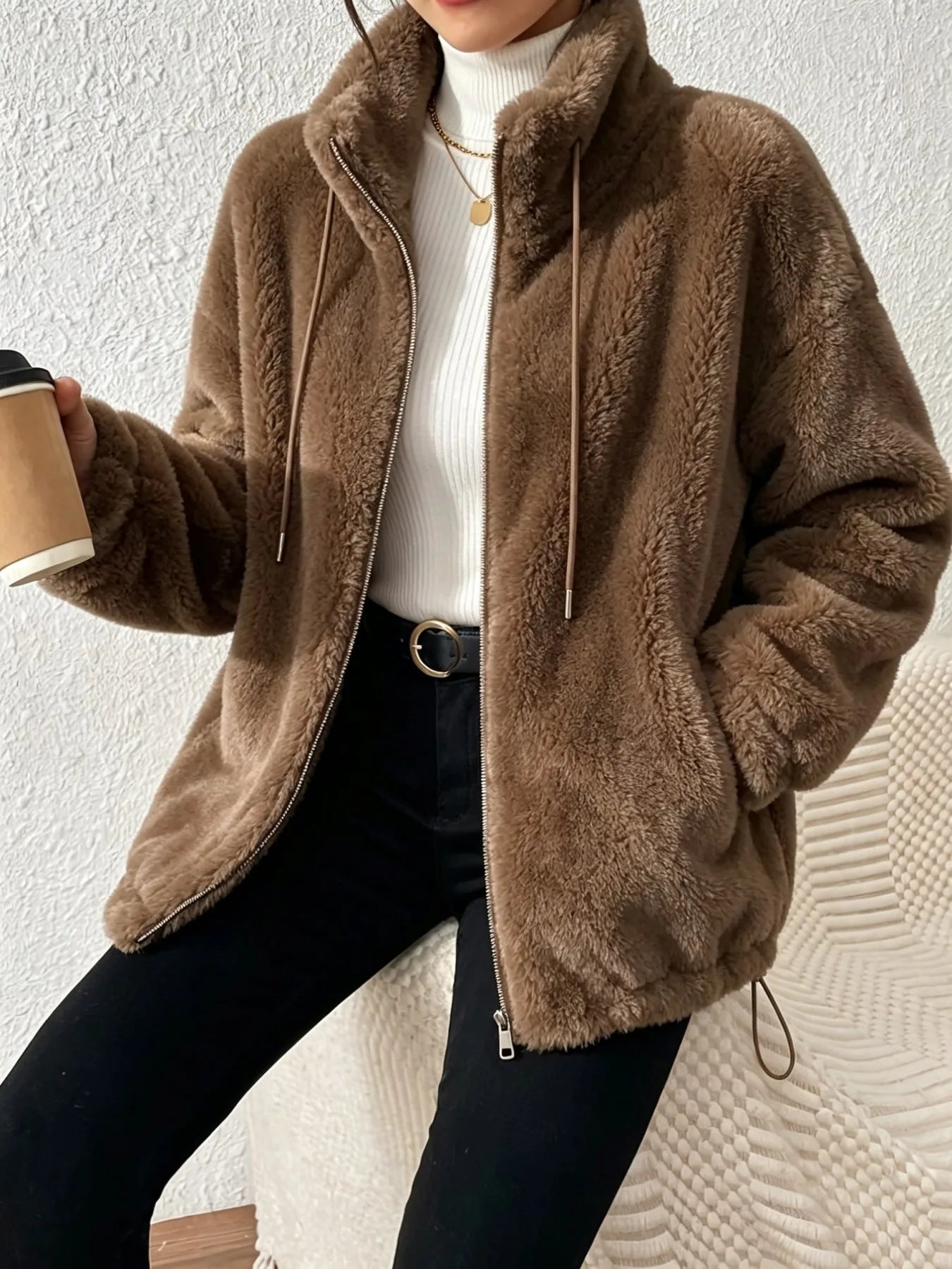 Women Fuzzy Fleece Zip Up Jacket Stand Collar Drawstring Loose Oversized Coat Warm Plush Winter Outerwear Casual Streetwear