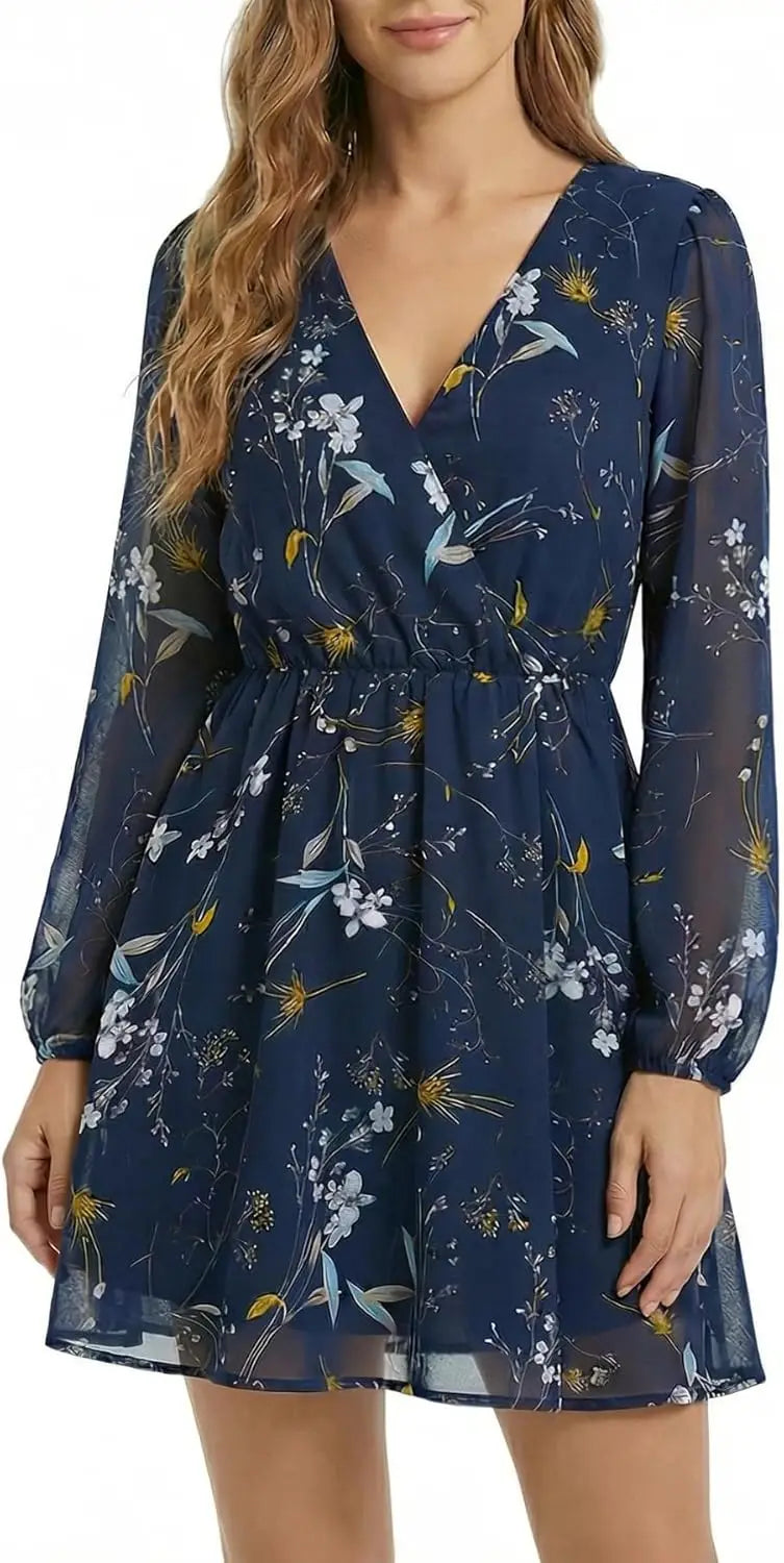 Womens Elegant V Neck Chiffon Dress Long Sleeve Spring Party Wear
