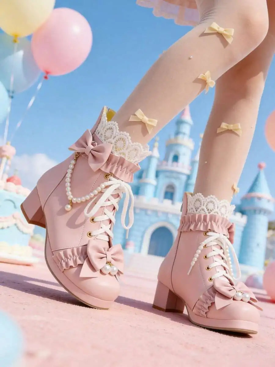 Women Pink Kawaii Lolita Boots Chunky Mid Heel Ankle Lace Up With Bow Pearl Ruffle Platform