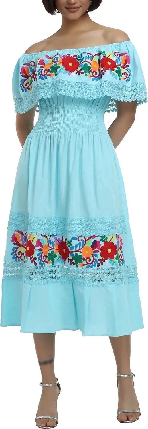 Women Cotton Off Shoulder Mexican Peasant Casual Dress