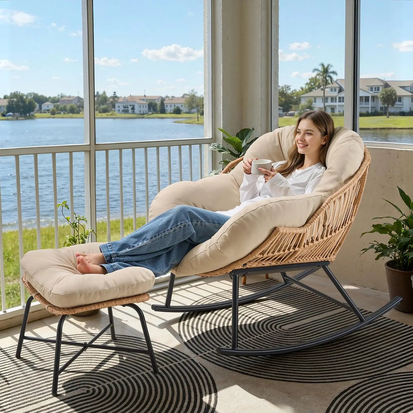 Papasan Rocking Chair with Ottoman, Oversized Wicker Rattan Egg Patio Chair Indoor Outdoor Lounge Rocker Chair for Garden