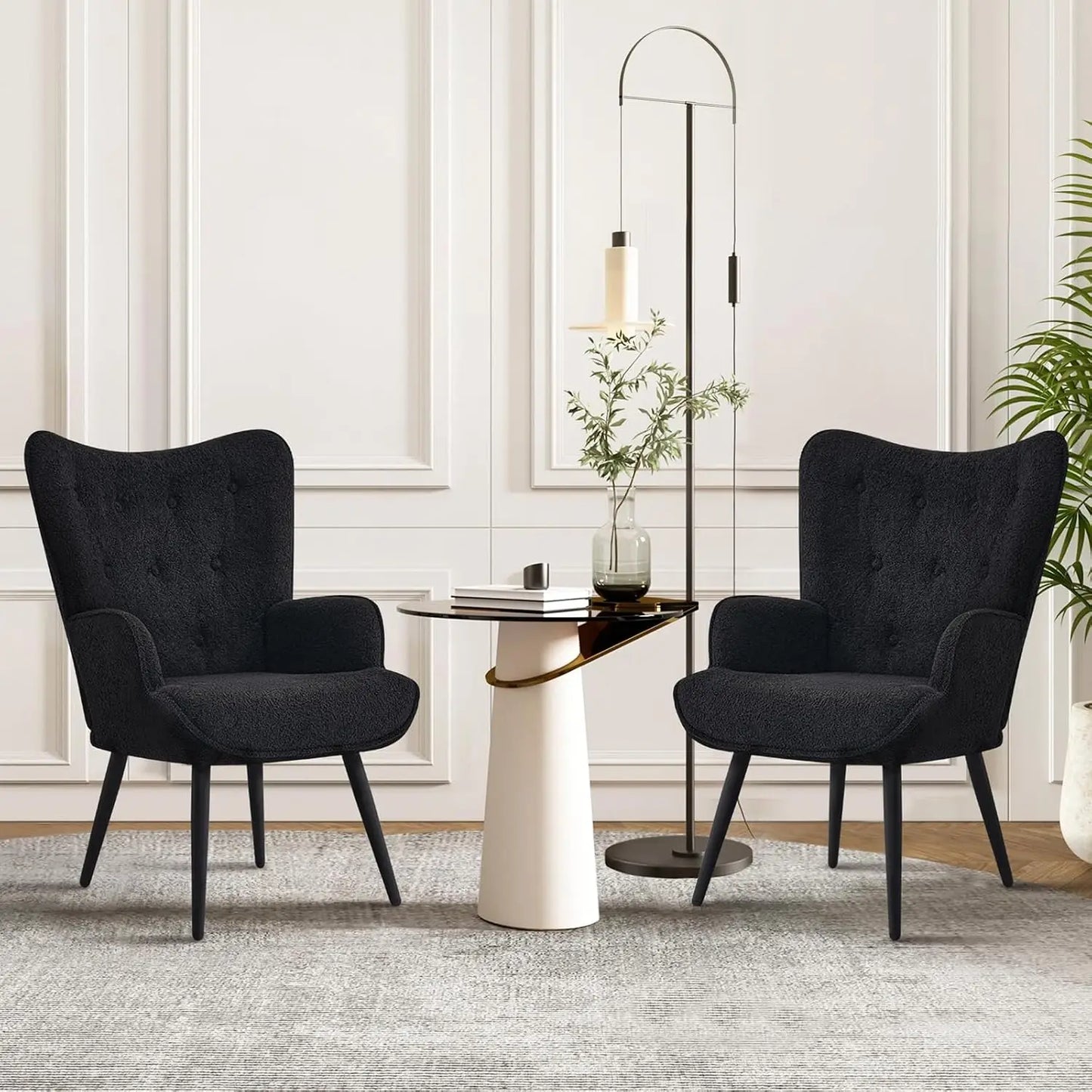 Set of 2 Mid Century Brown PU Leather Wingback Accent Chairs, High Backrest Reading Corner Armchair, Customized