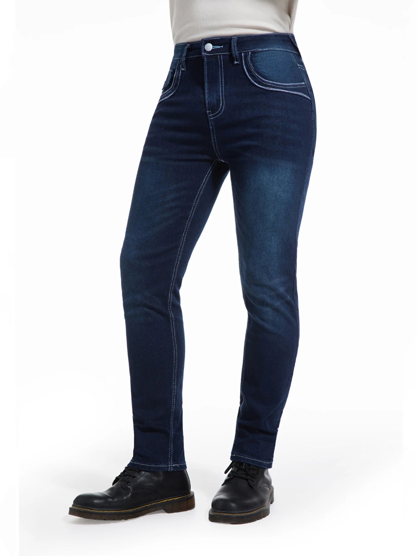 Men's deep blue elastic embroidered casual stretch jeans, street style, solid color, suitable for all seasons.