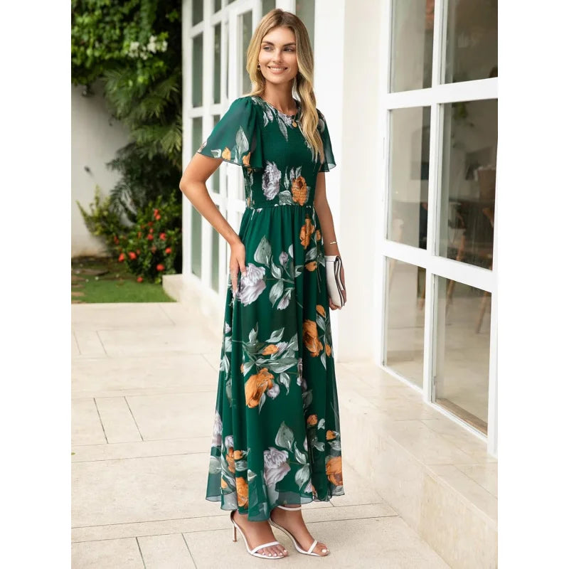 Floral Casual Summer Maxi Dress Chiffon With Smocked Short Sleeve