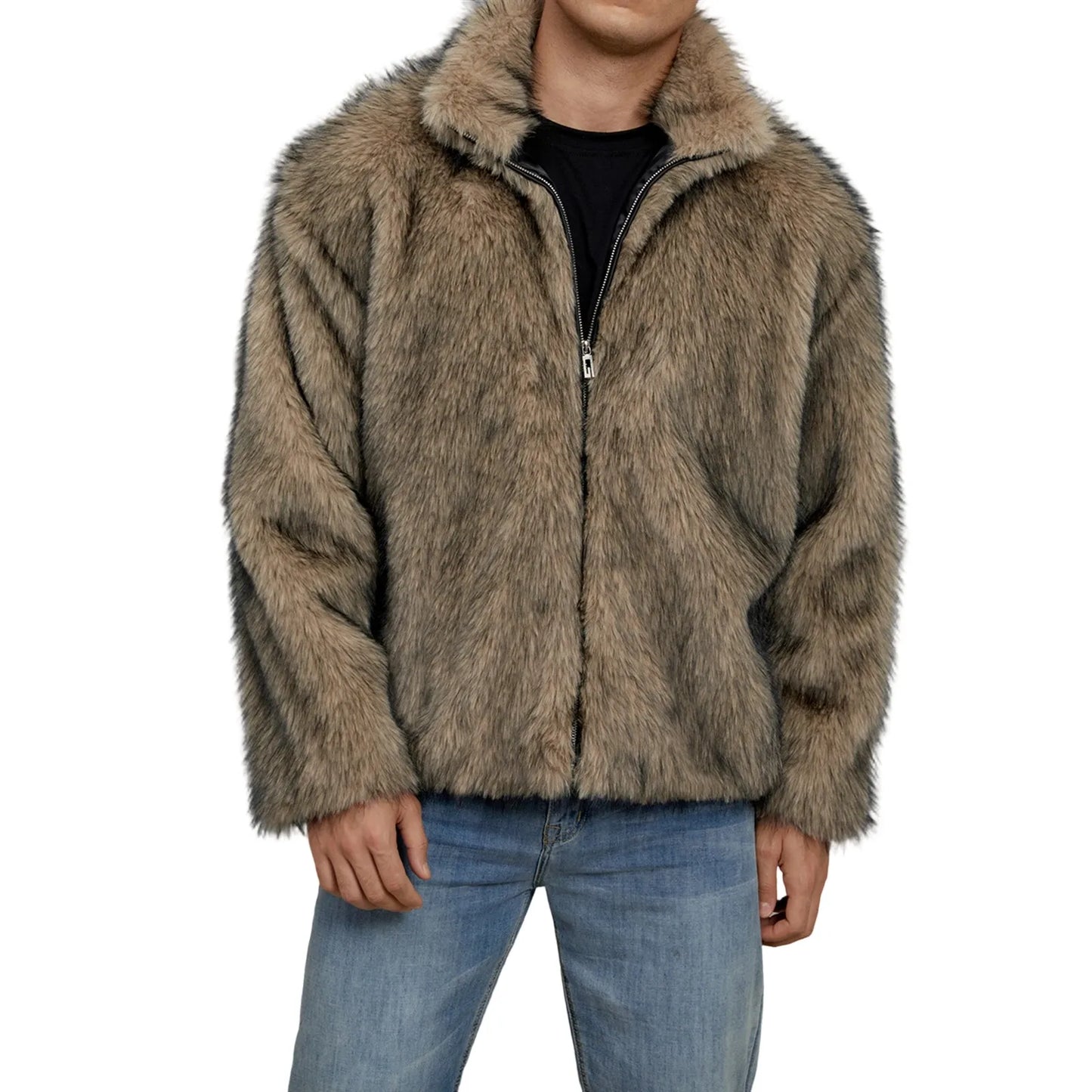 Men's Faux Fur Jacket Winter Warm Stand Collar Coat