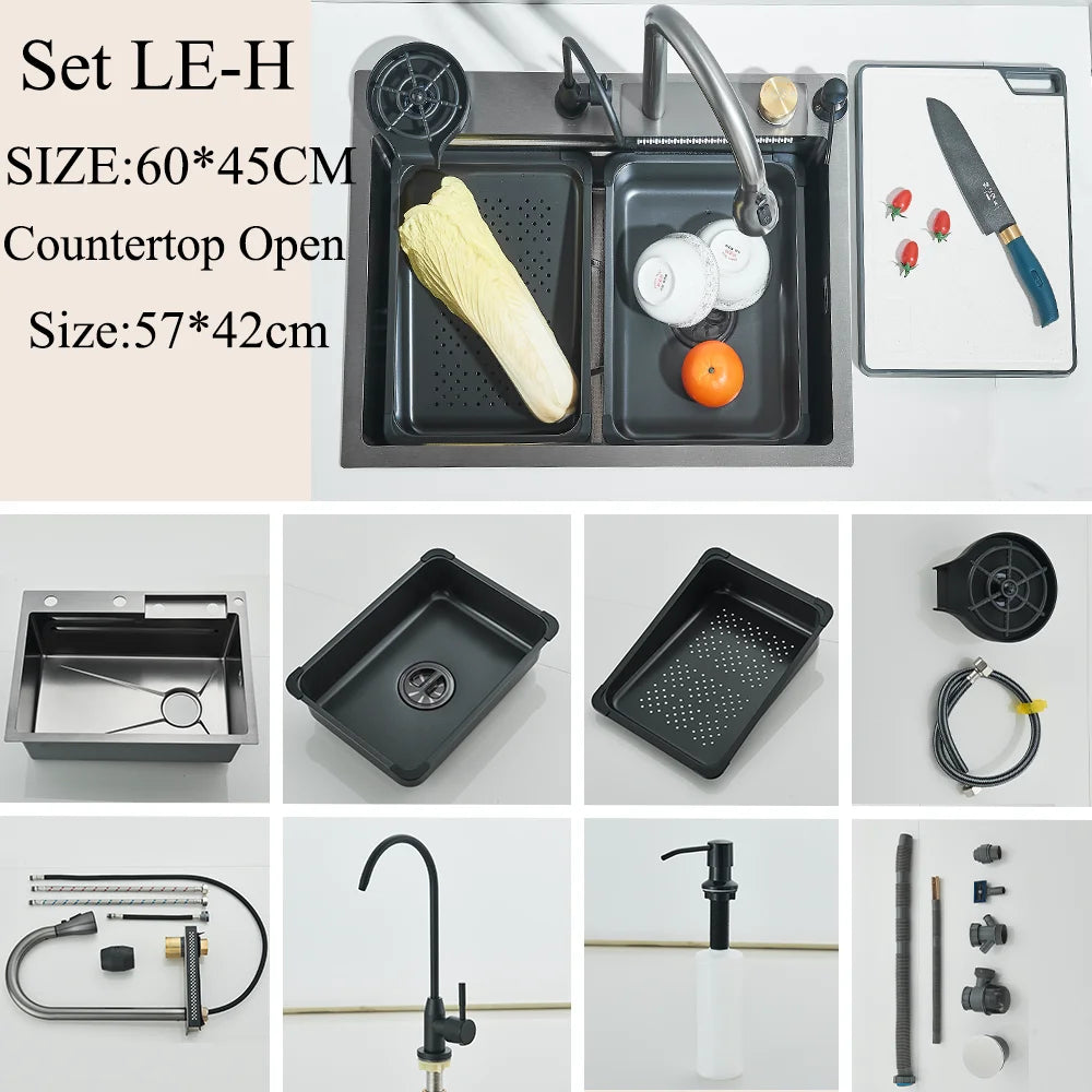 304 Stainless Steel Kitchen Sink Double Waterfall Single Slot Integrated Digital Display Faucet Set Soap dispenser Cup Washer