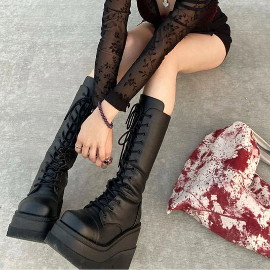 DoraTasia Gothic Lace Up Round Toe Mid Calf Boots With Side Zipper