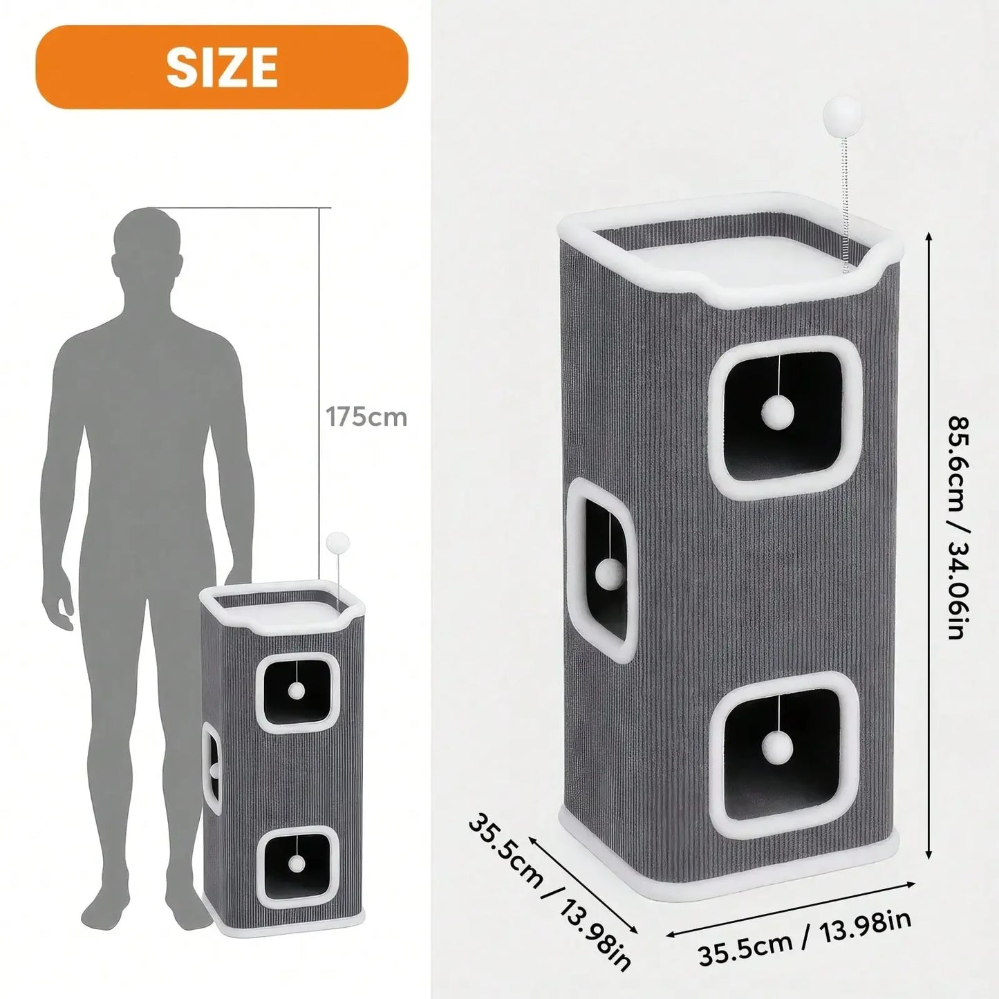 Foldable 3-Level Cat Tree | Deep Gray Polyester Cat Furniture With Interactive Hanging Toy, Cozy Soft Bed, Scratch-Resistant Des