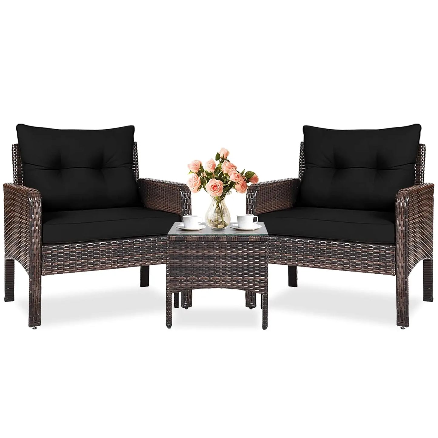 3 Piece Patio Furniture Set, Outdoor Wicker Conversation Bistro Set with 4 Cushions, All Weather PE Rattan, Customized
