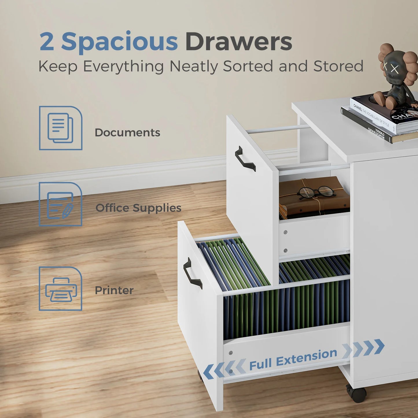 JHK Wooden 2-Drawer Rolling File Cabinet Under Desk Storage with Lockable Wheels Mobile Printer Stand Home Office Organizer for Documents and Office Supplies