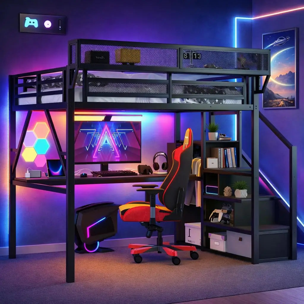 Queen Size Loft Bed Frame for Adults, Metal Loft Bed with Stairs & Storage, Wardrobe, Bedside Shelf and Large, Customized