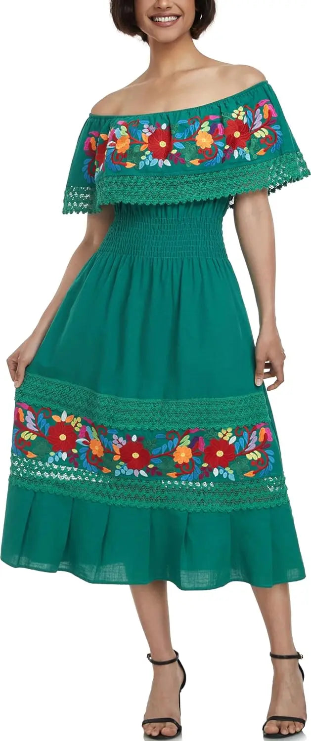 Women Cotton Off Shoulder Mexican Peasant Casual Dress
