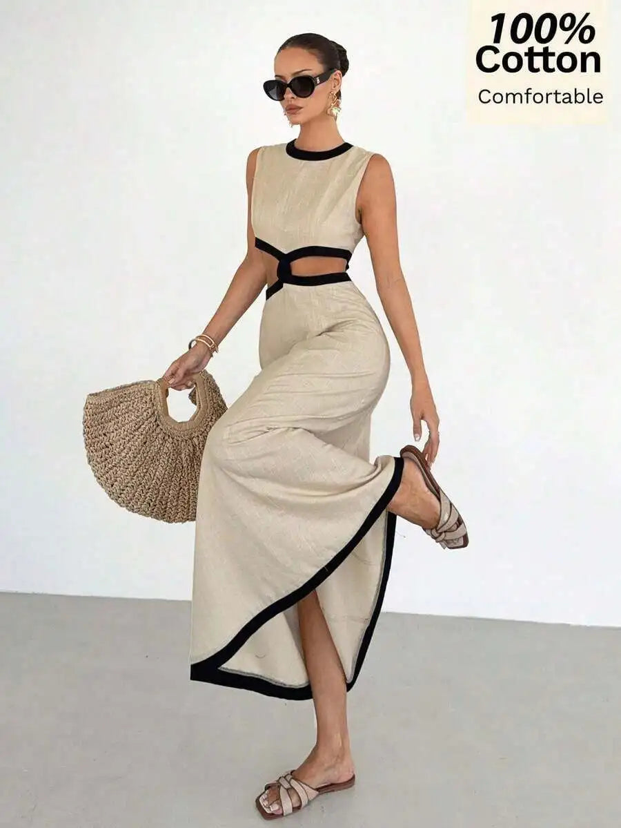 Cotton Sleeveless Color Block Hollow Out Dress With High Waist
