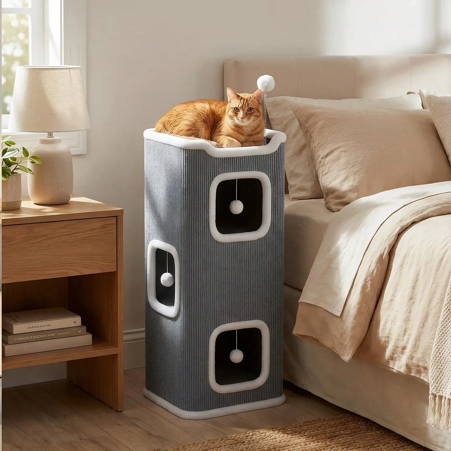 Foldable 3-Level Cat Tree | Deep Gray Polyester Cat Furniture With Interactive Hanging Toy, Cozy Soft Bed, Scratch-Resistant Des