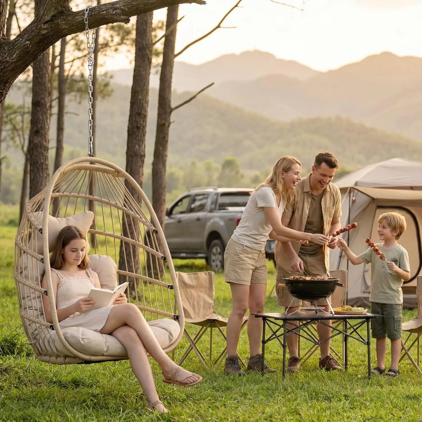 Outdoor Hanging Egg Chair Without Stand, Patio Wicker Swing Egg Basket Chairs with Padded Cushion, 350 Lbs Comfy Cozy Ceiling Tr