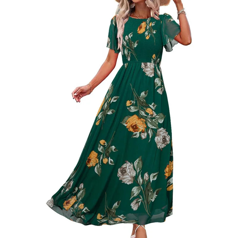 Floral Casual Summer Maxi Dress Chiffon With Smocked Short Sleeve