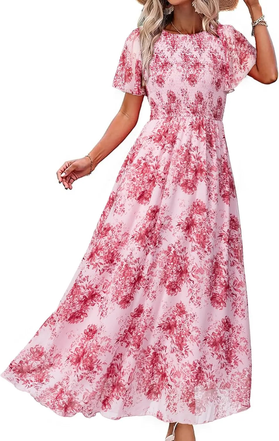 Floral Casual Summer Maxi Dress Chiffon With Smocked Short Sleeve