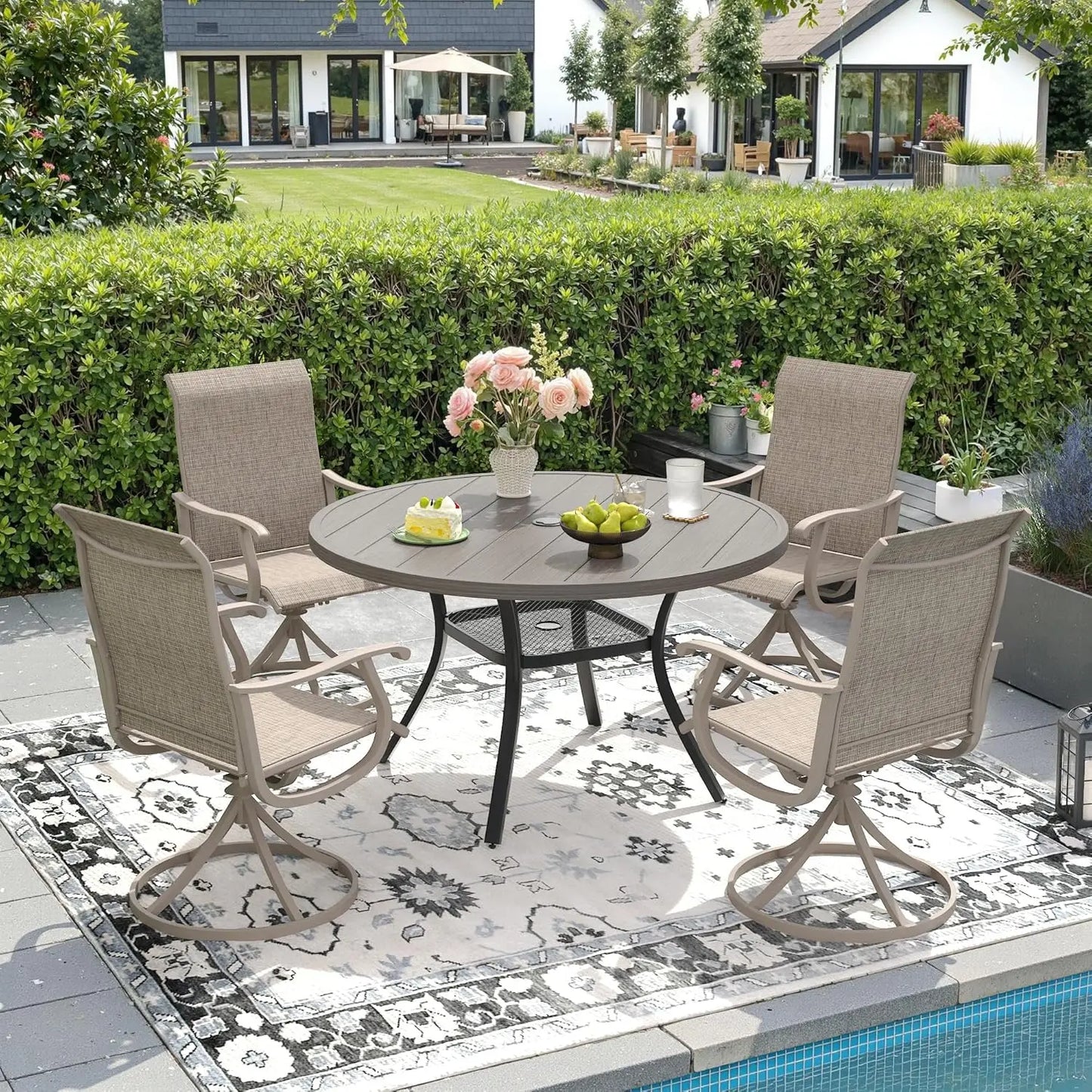 5 Pieces Outdoor Patio Dining Set, 4 Brown Textilene Swivel Dining Chairs and 40.6" Black Round Dining Table, Metal, Customized