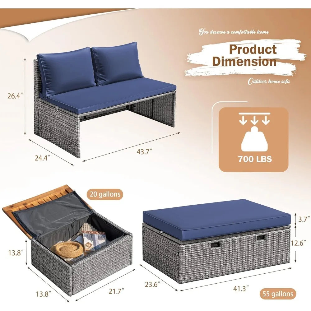 Patio Day Bed Outdoor Daybed Set Multifunctional Rattan Lounge Bed with 2 Side Tables for Backyard Porch Poolside Lawn Beach (N