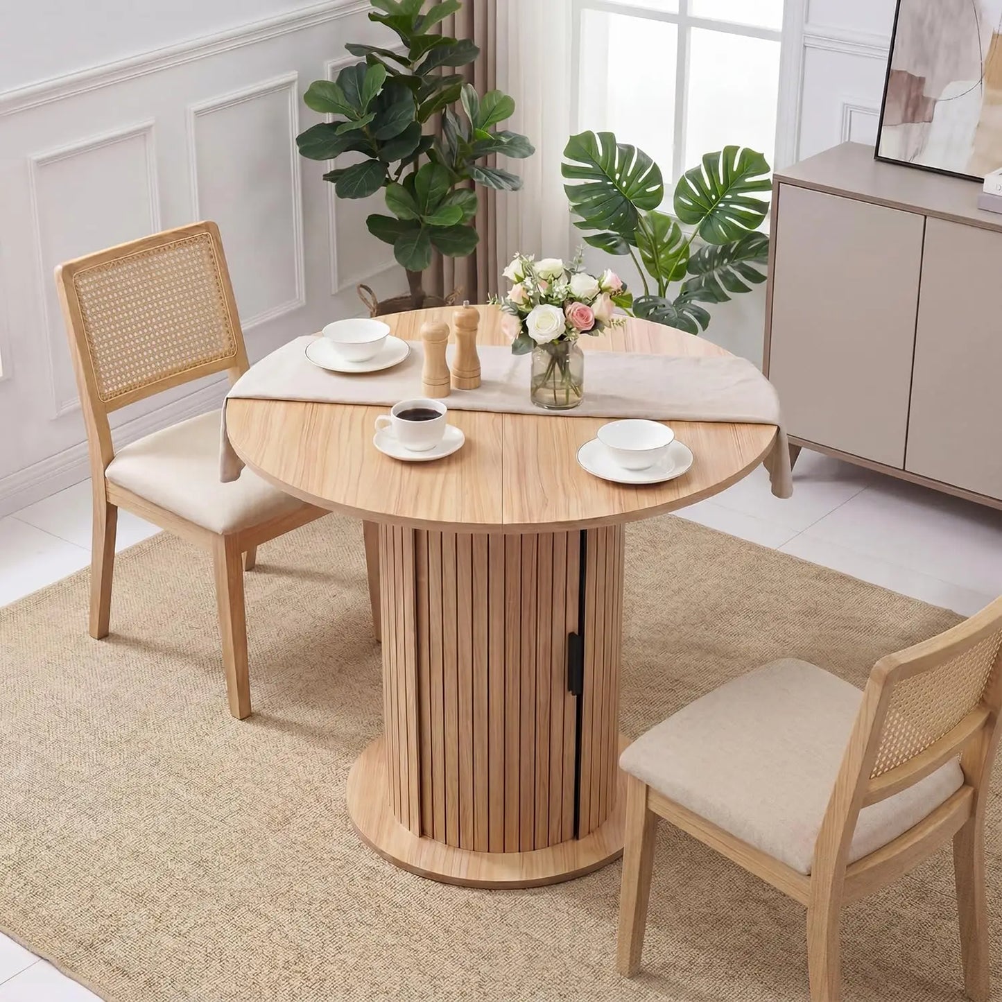 31.5in Round Dining Table For 2-4, Space Saving Kitchen Table With Center Storage, Farmhouse Wood Table For Homes & Dining Rooms