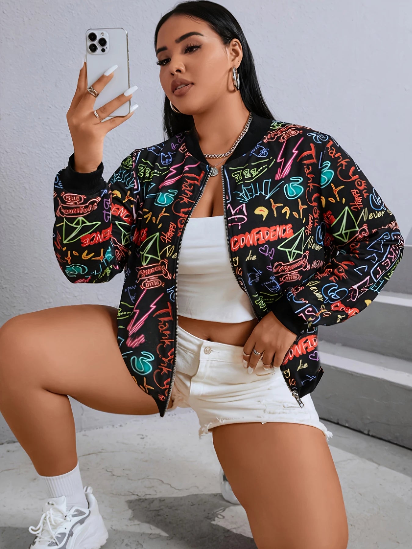 Plus size women's colorful neon graffiti print baseball jacket zipper street style casual slimming stand collar jacket coat