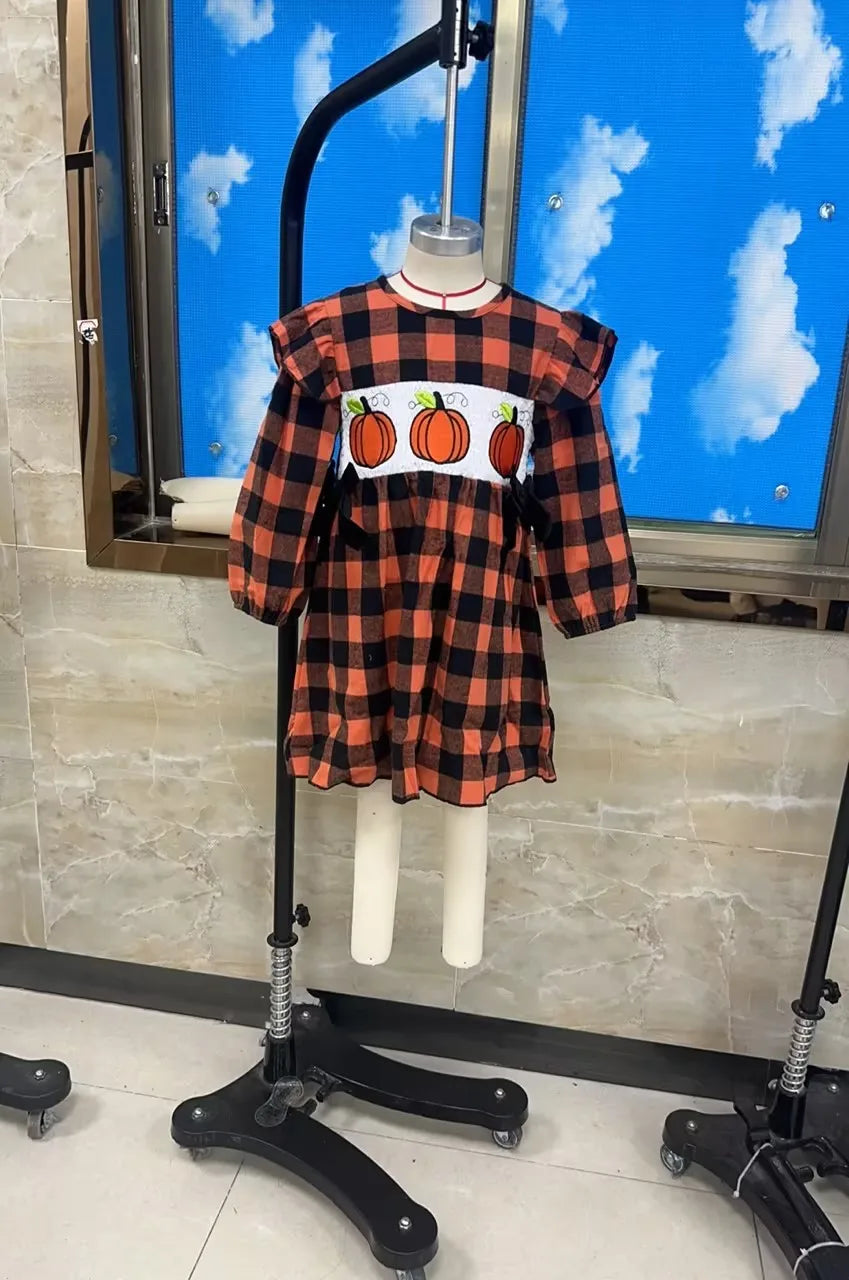 Pudcoco Toddler Girl Halloween Plaid Long Sleeve Dress