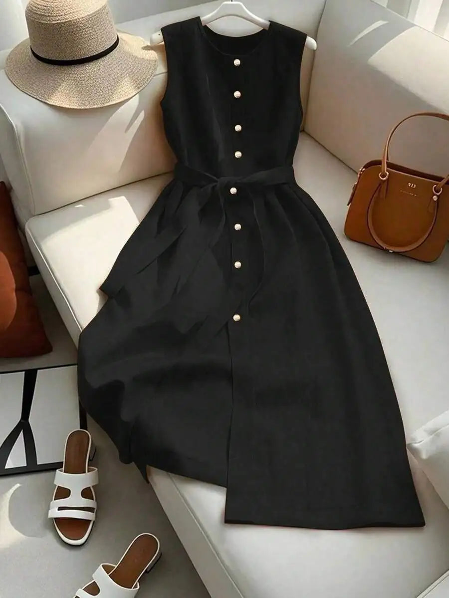 Sleeveless Single-Breasted Burgundy Casual Dress With Belt