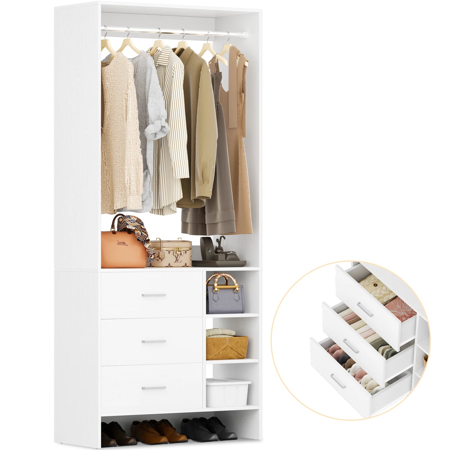 Aheaplus 2.5FT Wood Closet Organizer System with 3 Drawers 29.5'' Walk-in Or Small Closet Wardrobe with Clothes Rack And Hanging Rods