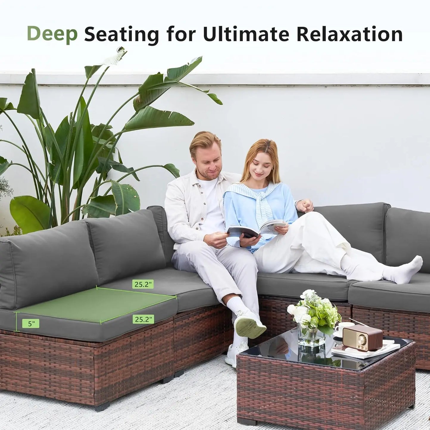 Patio Furniture Sets with Waterproof Cover, 7 Pieces Outdoor Rattan Sectional Sofa Set with Glass Table, Customized