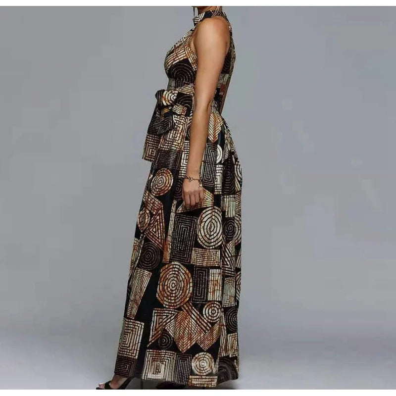 Cotton Polyester Maxi Dress With Lace-Up High Waist Collar Sleeveless