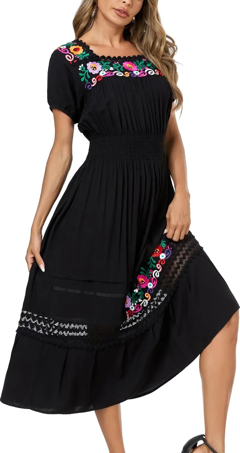 Floral Embroidered Maxi Dress For Women, Round Neck, Short Sleeve